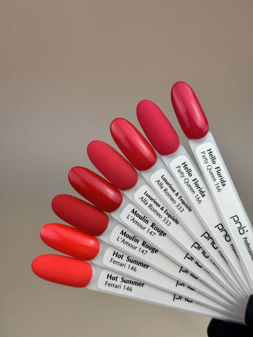 PNB UV/LED Gel Polish – Rote und pinke Farbmuster: Hot Summer, Moulin Rouge, Alfa Romeo, Hello Florida
