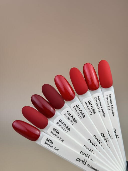 PNB UV/LED Gel Polish – Dunkelrote und klassische Rottöne: Marylin 208, Scarlet 012, Love Is 013, Chrysler 334
