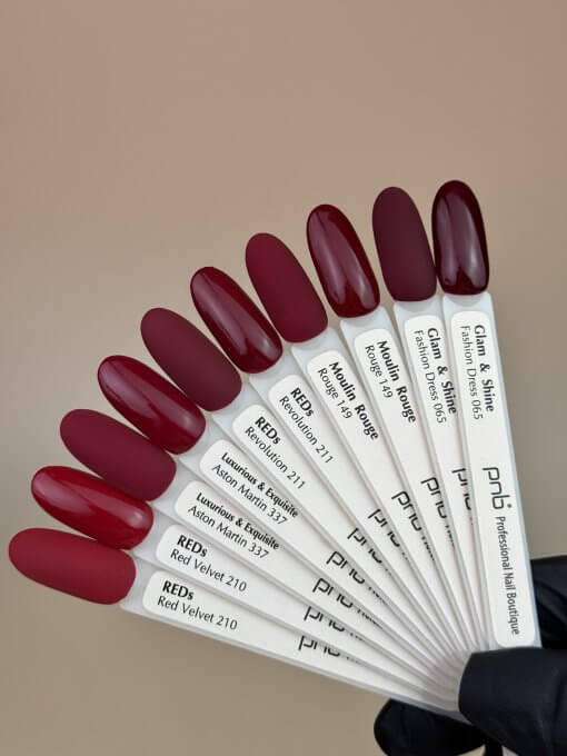 PNB UV/LED Gel Polish – Dunkle Rot- und Bordeauxtöne: Red Velvet, Aston Martin, Revolution, Moulin Rouge, Fashion Dress