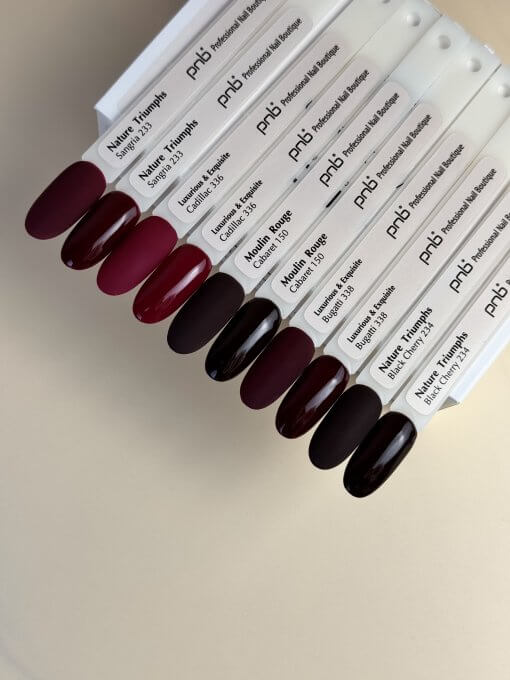 PNB UV/LED Gel Polish – Dunkle Weinrot- und Schwarzrot-Töne: Sangria, Cadillac, Cabaret, Bugatti, Black Cherry