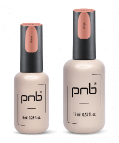 Zwei Fläschchen UV/LED Camouflage Base Beige von PNB mit 8 ml und 17 ml Inhalt für professionelle Nagelmodellage