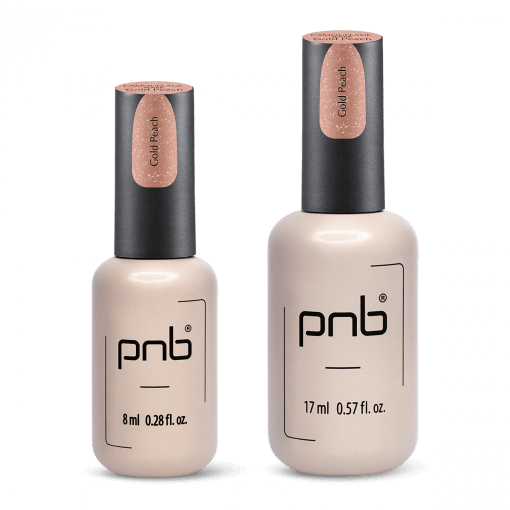 Zwei Fläschchen PNB Camouflage Base in Gold Peach mit 8 ml und 17 ml Inhalt – für elegante Nageldesigns mit Schimmer