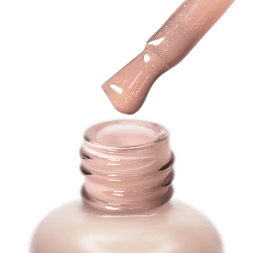 Nahaufnahme eines Pinsels mit Gold Peach Camouflage Base Gel von PNB – UV/LED-härtend mit feinem Goldglanz