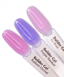 Builder Gel Farbvergleich – Purple Stardust, Ice Rose, Radiant Orchid auf Tips von PNB