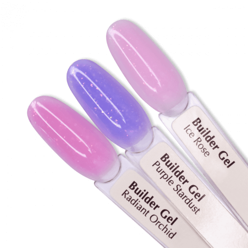 Builder Gel Farbvergleich – Purple Stardust, Ice Rose, Radiant Orchid auf Tips von PNB