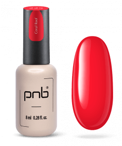 PNB UV/LED Gel Polish 225 Coral Reef – Flasche und Farbmuster in lebendigem Korallenrot