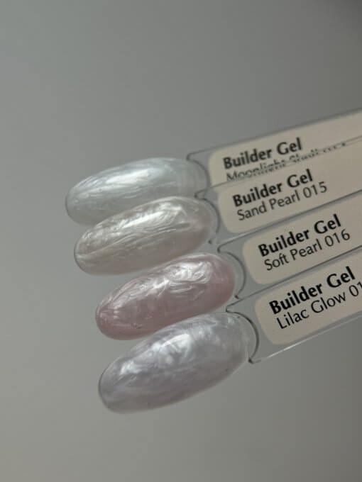 Farbvergleich Builder Gels – Moonlight Shell, Sand Pearl, Soft Pearl, Lilac Glow