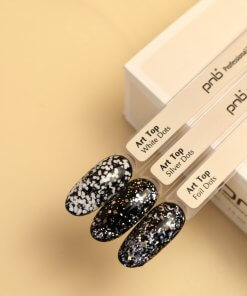PNB Art Top Gel mit weißen, silbernen und Folien-Punkten auf schwarzem Untergrund – kreative Effekt-Tops für Nailart