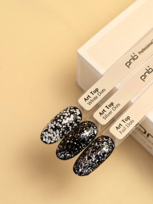 PNB Art Top Gel mit weißen, silbernen und Folien-Punkten auf schwarzem Untergrund – kreative Effekt-Tops für Nailart