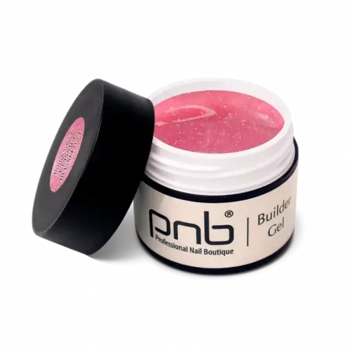 Geöffnetes PNB Builder Gel Cosmo Blush – rosafarbenes UV/LED Aufbaugel mit Glitzereffekt
