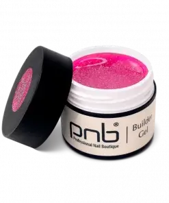 Geöffnetes PNB Builder Gel Cosmo Bonbon – UV/LED Aufbaugel in intensivem Pink mit Glimmer