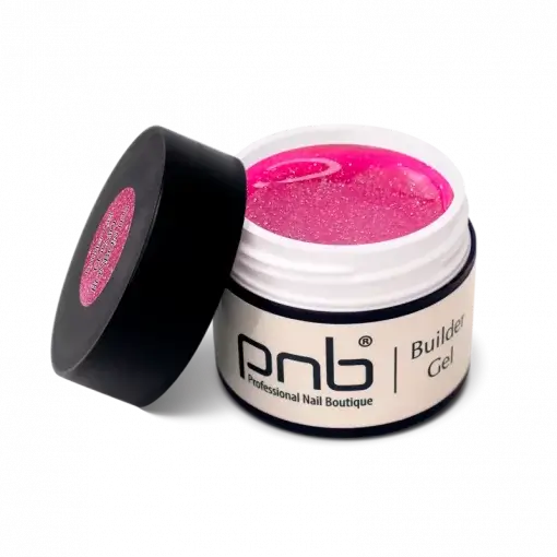 Geöffnetes PNB Builder Gel Cosmo Bonbon – UV/LED Aufbaugel in intensivem Pink mit Glimmer
