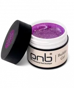 Geöffnetes PNB Builder Gel Cosmo Purple – UV/LED Aufbaugel in kräftigem Violett mit Glimmerpartikeln
