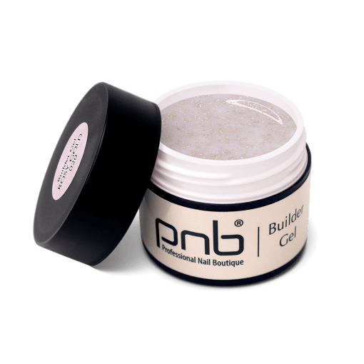 Geöffnetes PNB Builder Gel Rosy Gold – UV/LED Aufbaugel mit Roséton und Goldglimmer