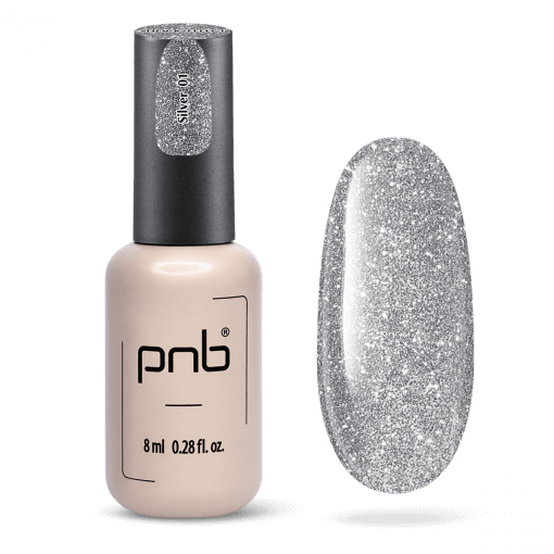 UV/LED Gel Polish PNB SHOCK EFFECT 01 Silver – reflektierender Gellack mit silbernem Glitzer, 8 ml