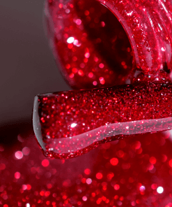 Makroaufnahme PNB Shock Effect 07 Red – UV/LED Gel Polish in kräftigem Rot mit Glitzer