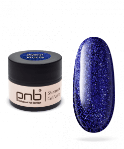 Geschlossene PNB Shimmer Gel Paste 06 Blue Dose mit farbiger Nagelprobe (Swatch)