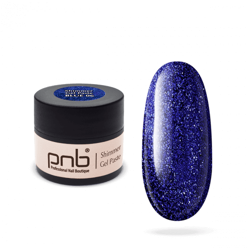 Geschlossene PNB Shimmer Gel Paste 06 Blue Dose mit farbiger Nagelprobe (Swatch)