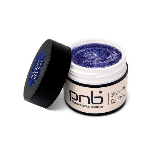 Offenes und geschlossenes Produktbild der PNB Shimmer Gel Paste 06 Blue, 5 ml mit Glitzereffekt