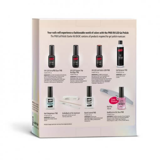PNB Gel Polish Starter Kit Basic – Rückseite mit Inhaltsübersicht aller Produkte im Set