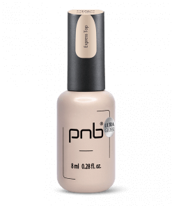 UV/LED Express Top Ultra Gloss von PNB – No Wipe Top Coat in 8 ml Flasche mit Anwendungsbeispiel auf Tipsa