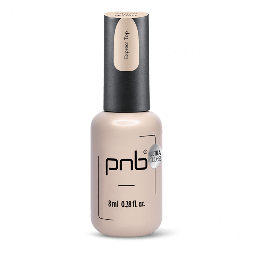 UV/LED Express Top Ultra Gloss von PNB – No Wipe Top Coat in 8 ml Flasche mit Anwendungsbeispiel auf Tipsa