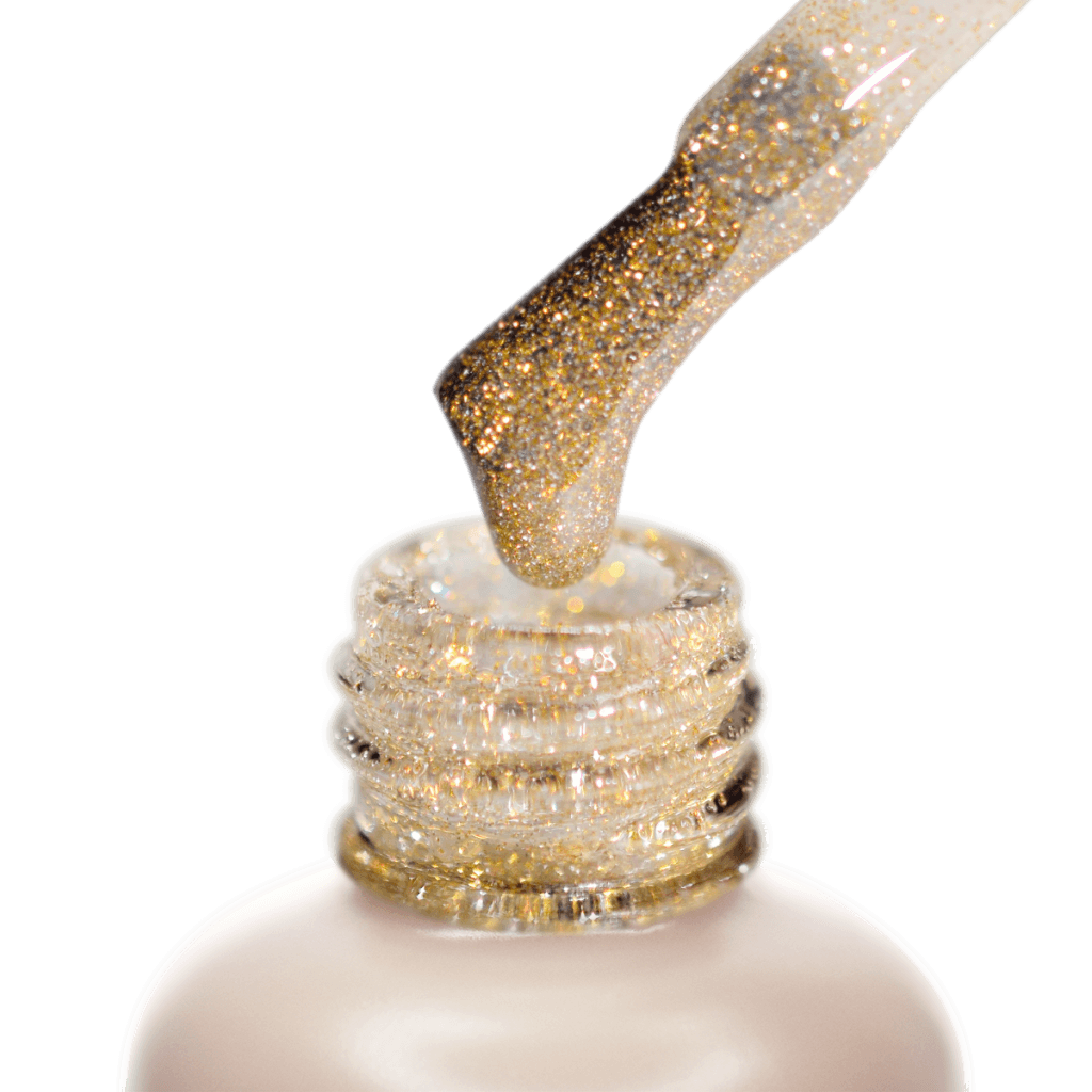 Makroaufnahme PNB Shock Top Gold – Gelpinsel mit goldenen Glitzerpartikeln