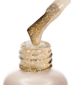 Makroaufnahme PNB Shock Top Gold – Gelpinsel mit goldenen Glitzerpartikeln