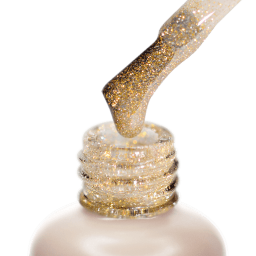 Makroaufnahme PNB Shock Top Gold – Gelpinsel mit goldenen Glitzerpartikeln