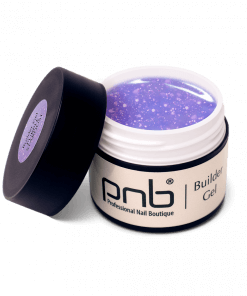 Geöffnetes PNB Builder Gel Purple Stardust – UV/LED Gel in Violett mit Glitzerpartikeln