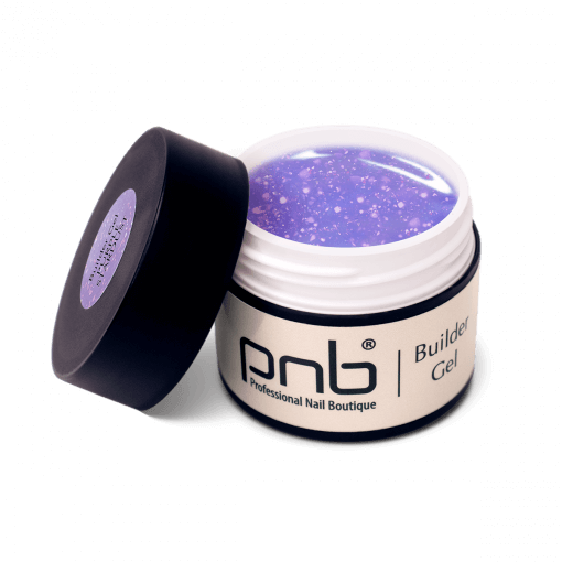 Geöffnetes PNB Builder Gel Purple Stardust – UV/LED Gel in Violett mit Glitzerpartikeln