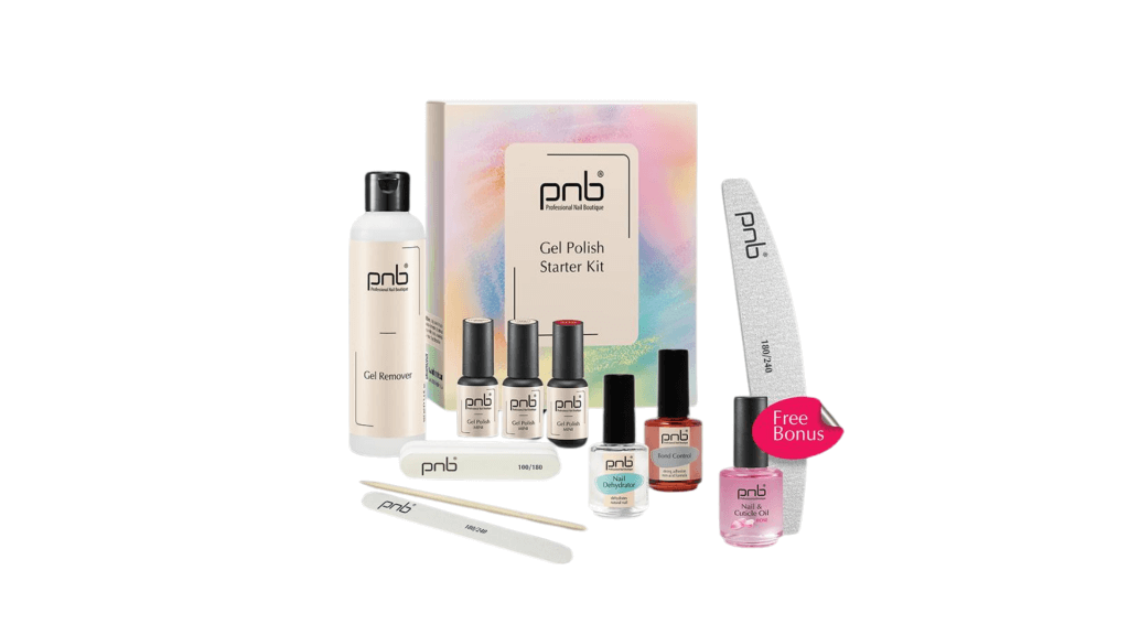PNB Gel Polish Starter Kit mit Gel Remover, Base Coats, Top Coat, Dehydrator, Cuticle Oil und Nagelfeilen – inklusive Bonus.