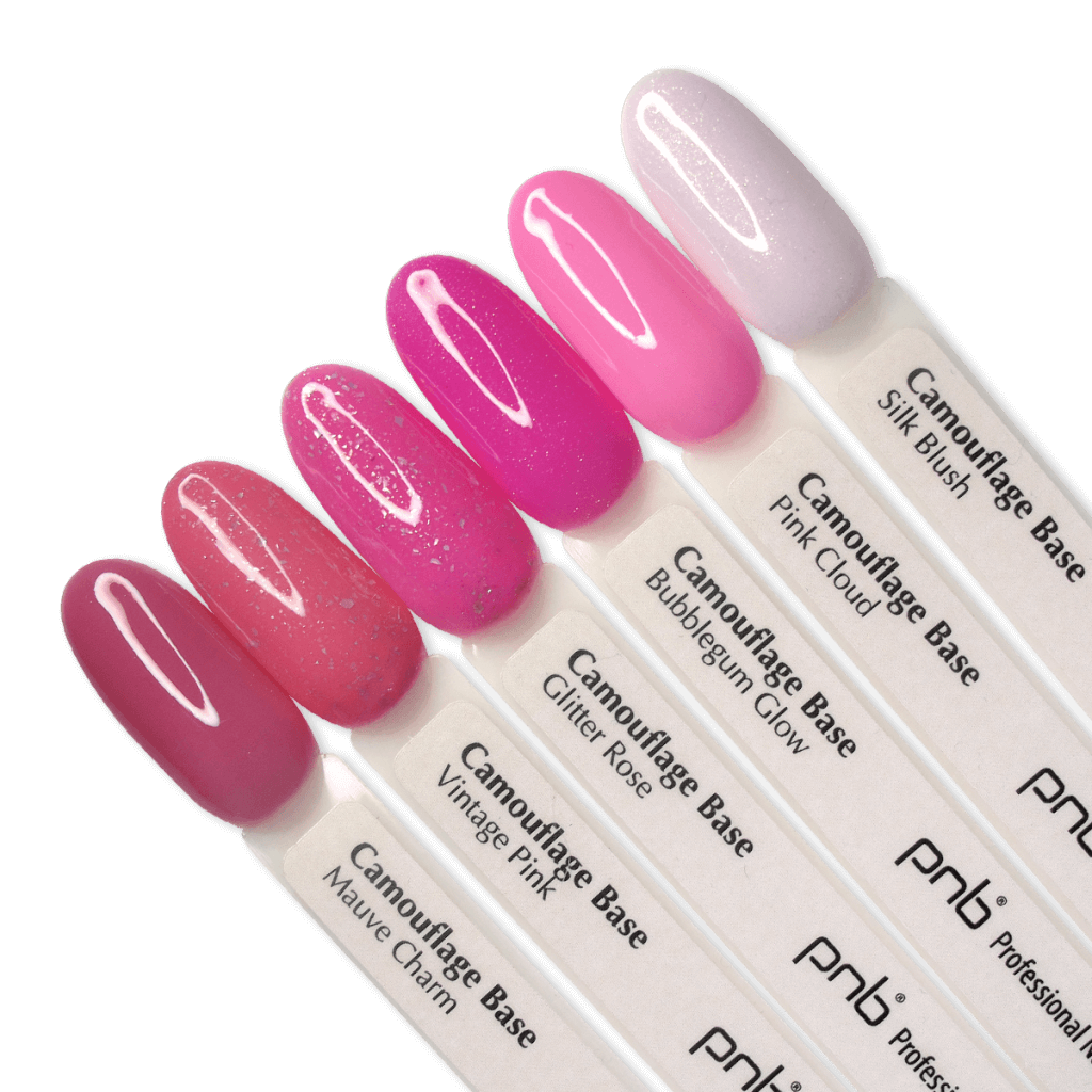 PNB Camouflage Base Farbpalette mit 6 Rosé- und Pink-Tönen: Mauve Charm, Vintage Pink, Glitter Rose, Bubblegum Glow, Pink Cloud, Silk Blush.