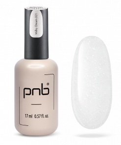 PNB UV LED Strong Iron Gel Milky Dream 17 ml – Aufbaugel, Flasche und milchiger Swatch