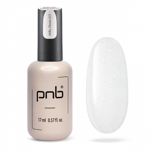 PNB UV LED Strong Iron Gel Milky Dream 17 ml – Aufbaugel, Flasche und milchiger Swatch